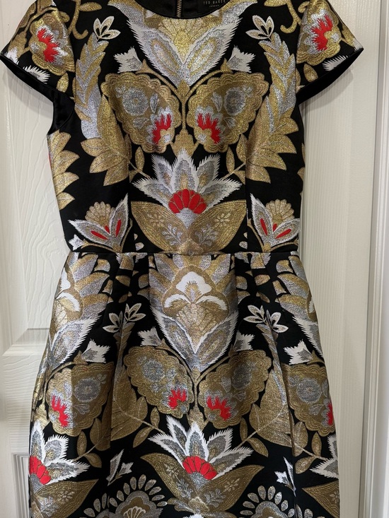 Ted Baker Dresses & Skirts - Ted Baker Black Dress with Gold, Silver & Red Metallic Floral Jacquard